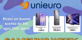 Unieuro gives away a €50 discount voucher for every €250 spent, with Samsung Week!