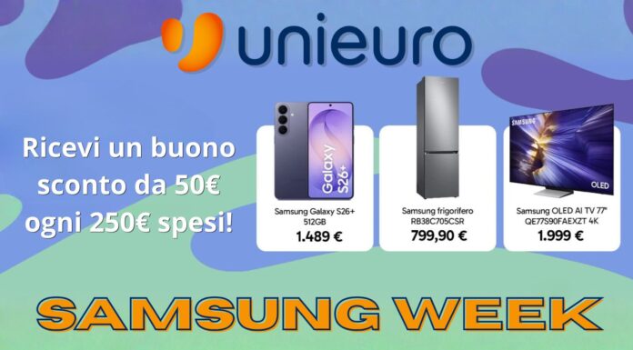Unieuro gives away a €50 discount voucher for every €250 spent, with Samsung Week!